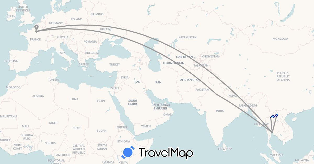 TravelMap itinerary: driving, plane, hiking, boat in France, India, Laos, Thailand (Asia, Europe)