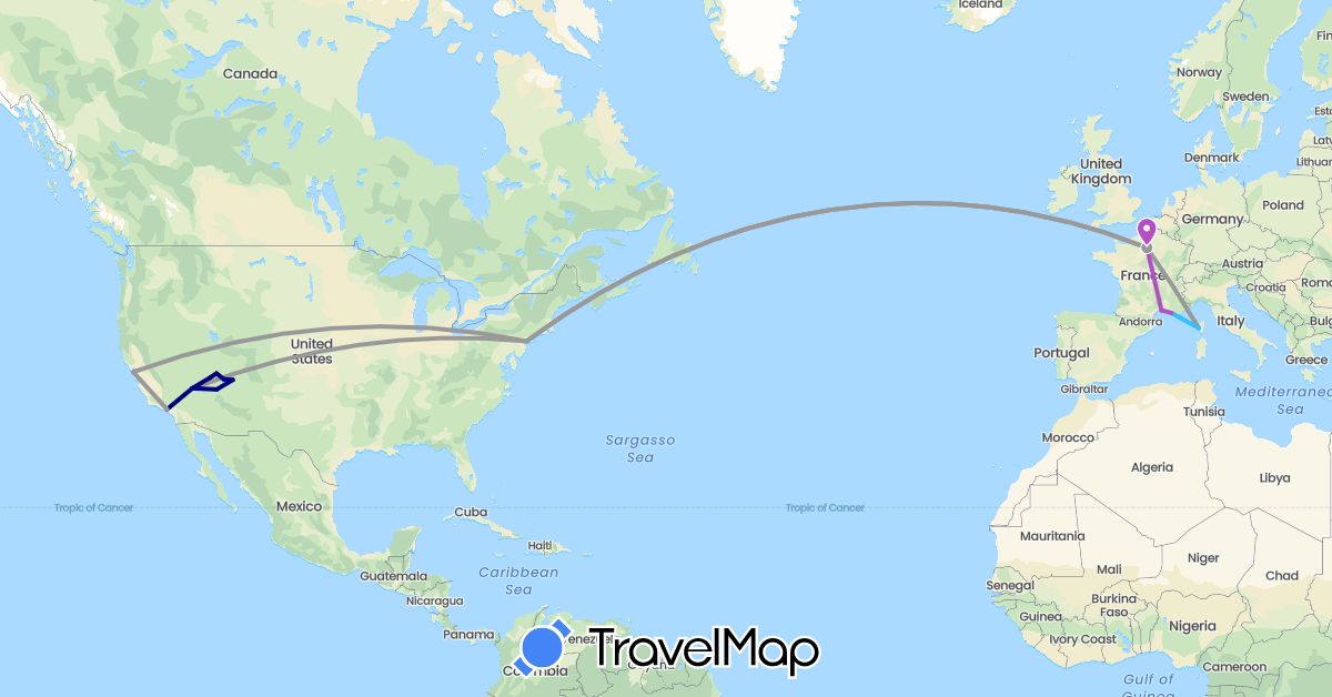 TravelMap itinerary: driving, plane, train, boat in France, United States (Europe, North America)