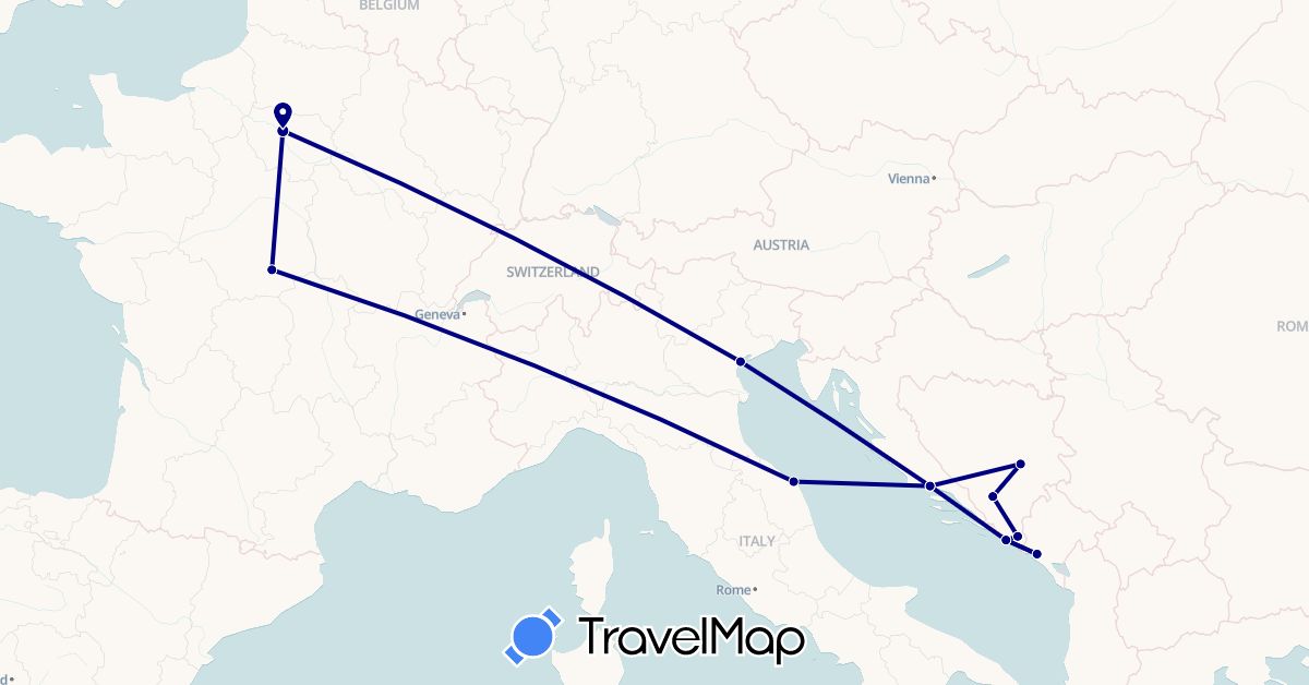 TravelMap itinerary: driving in Bosnia and Herzegovina, France, Croatia, Italy, Montenegro (Europe)